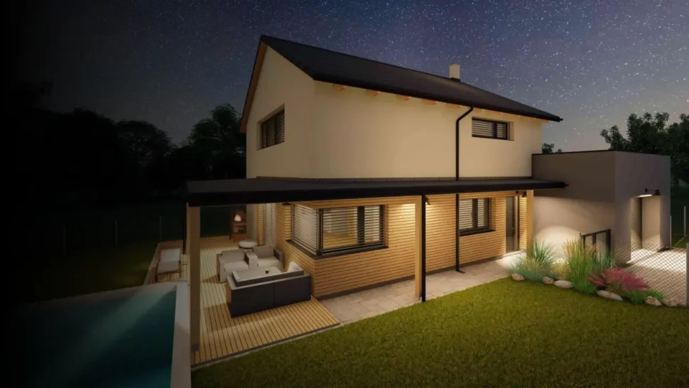 Noční vizualizace moderního rodinného domu s terasou a bazénem – Ing. Jiří Bednář, projekt na míru